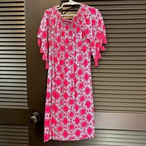 Escapada Living Girl’s Summer Sun Dress, Pink Orange & Aqua, Tassels, Size XS